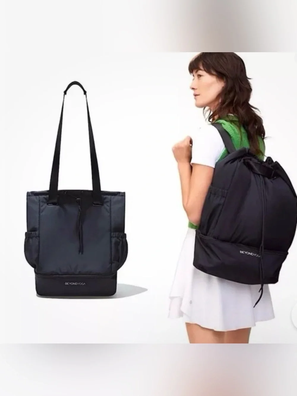 Beyond Yoga Black Drawstring Tote with Front Zip Compartment